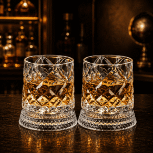 Rotierendes Kristall-Whiskyglas im Set mit Untersetzer Stil A Diamant