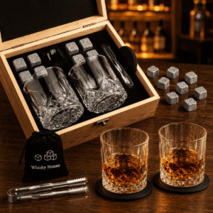 Klassische Kristall-Whiskygläser Set mit Granit-Steinen und Holzbox