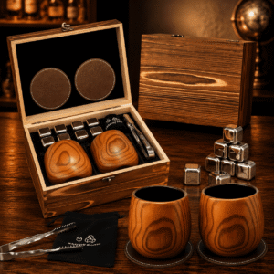 Luxus-Whisky-Set mit Holzbechern und Edelstahl-Steinen