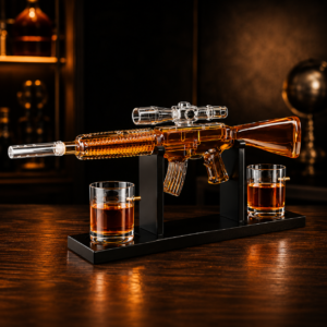 M16 Gewehr-Whisky-Dekanter Set mit 2 Patronen-Gläsern & Holzständer