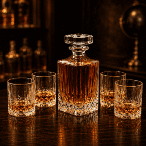 Quadratisches Kristall-Whisky-Dekanter Set mit 4 Gläsern