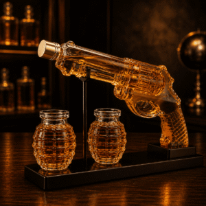 Revolver Pistolen-Whisky-Dekanter Set mit 2 Handgranaten-Gläsern