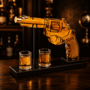 Revolver Pistolen-Whisky-Dekanter Set mit 2 Shot-Gläsern