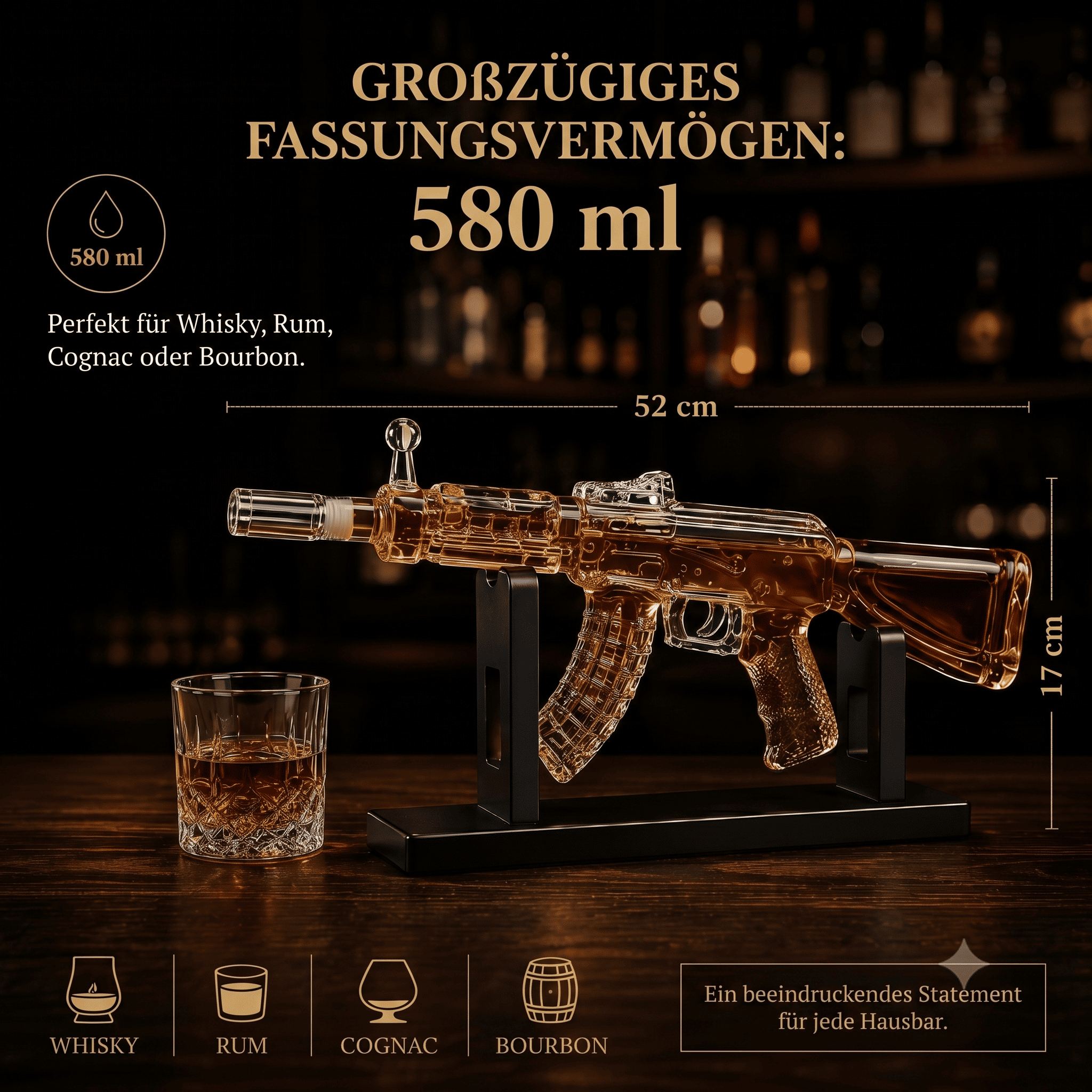 AK-47 Gewehr-Whisky-Dekanter aus Kristallglas mit 580 ml Fassungsvermögen und Produktabmessungen von 52 cm Länge für die Hausbar.