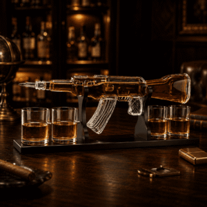 Exklusives AK47 Sturmgewehr Whisky Dekanter Komplettset mit 4 Patronen-Gläsern in einer edlen Bar-Atmosphäre