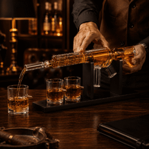 Ein Mann gießt edlen Whisky aus dem gläsernen Lauf des AR15 Gewehr Dekanters in ein handgefertigtes Patronenglas
