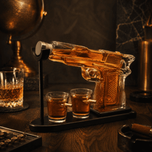Exklusives M1911 Pistole Whisky Dekanter Set mit zwei Patronen-Gläsern platziert neben einem Aschenbecher und einer Zigarre