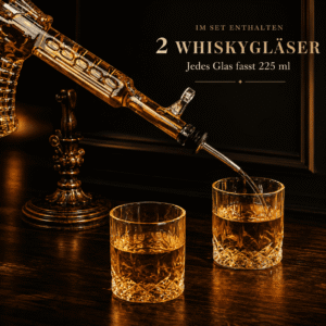 Exklusives Gewehr-Dekanter Set beim Einschenken in zwei Whiskyglaeser mit je 225 ml Fassungsvermoegen