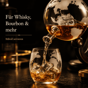 Einschenken von Bourbon Whisky aus dem Globus Dekanter in ein graviertes Weltkarten-Eisglas in Bar-Ambiente