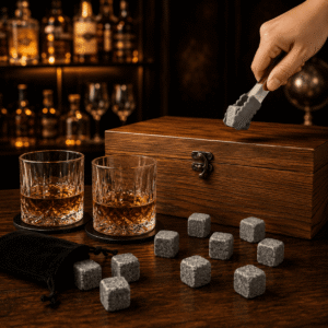 Eine Hand greift einen Granit-Whiskystein mit einer Zange neben befüllten Whiskygläsern und einer eleganten Holzkiste auf einem Bartisch