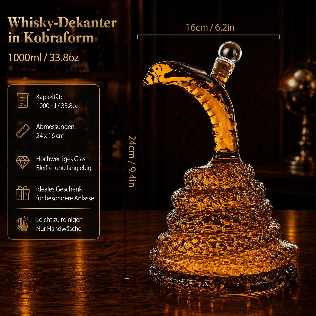 Produktabmessungen und Spezifikationen des bleifreien Kobra-Whisky-Dekanters mit 1000ml Kapazität