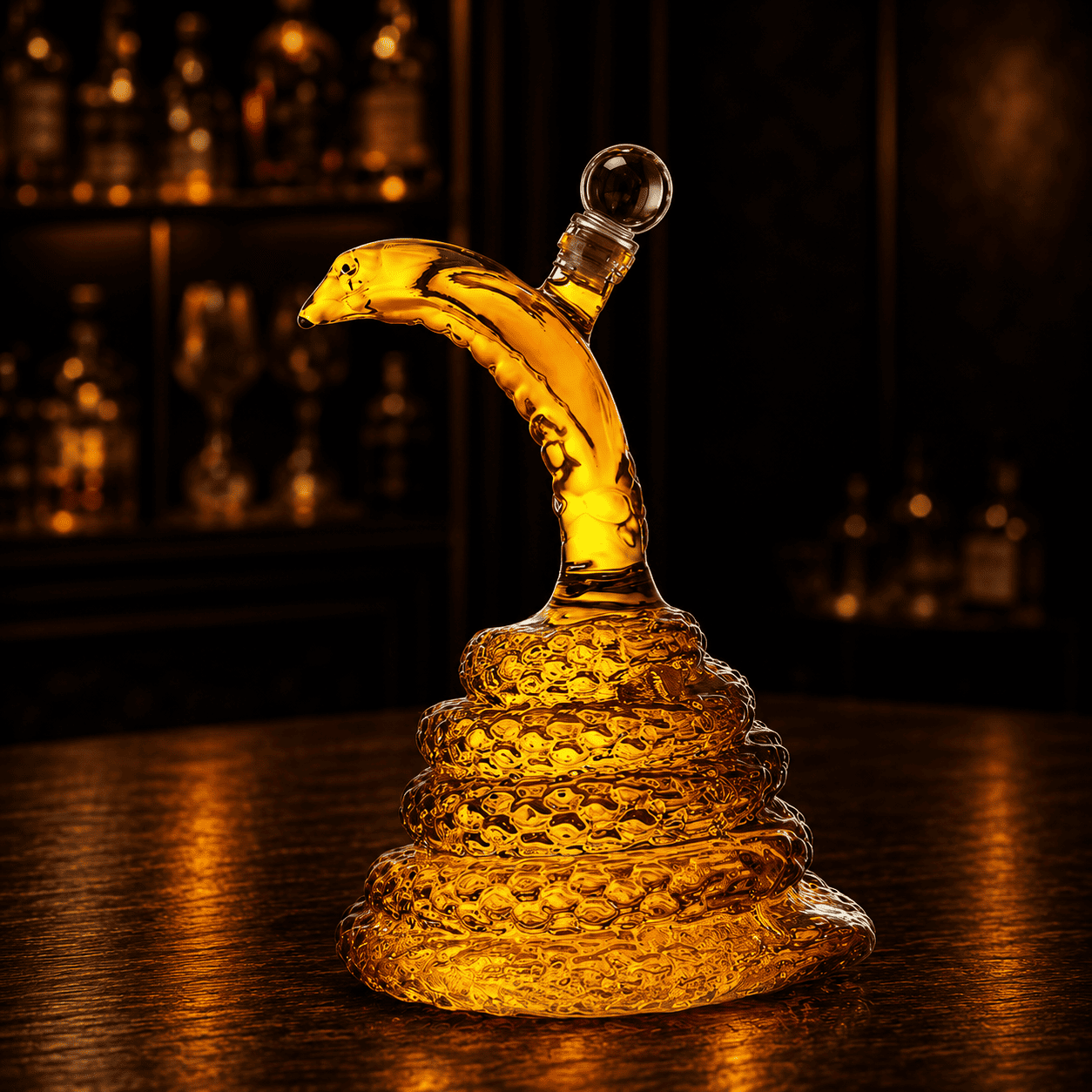 Exklusiver Whisky-Dekanter in Kobra-Form befüllt mit goldenem Bourbon auf einem edlen Holztisch