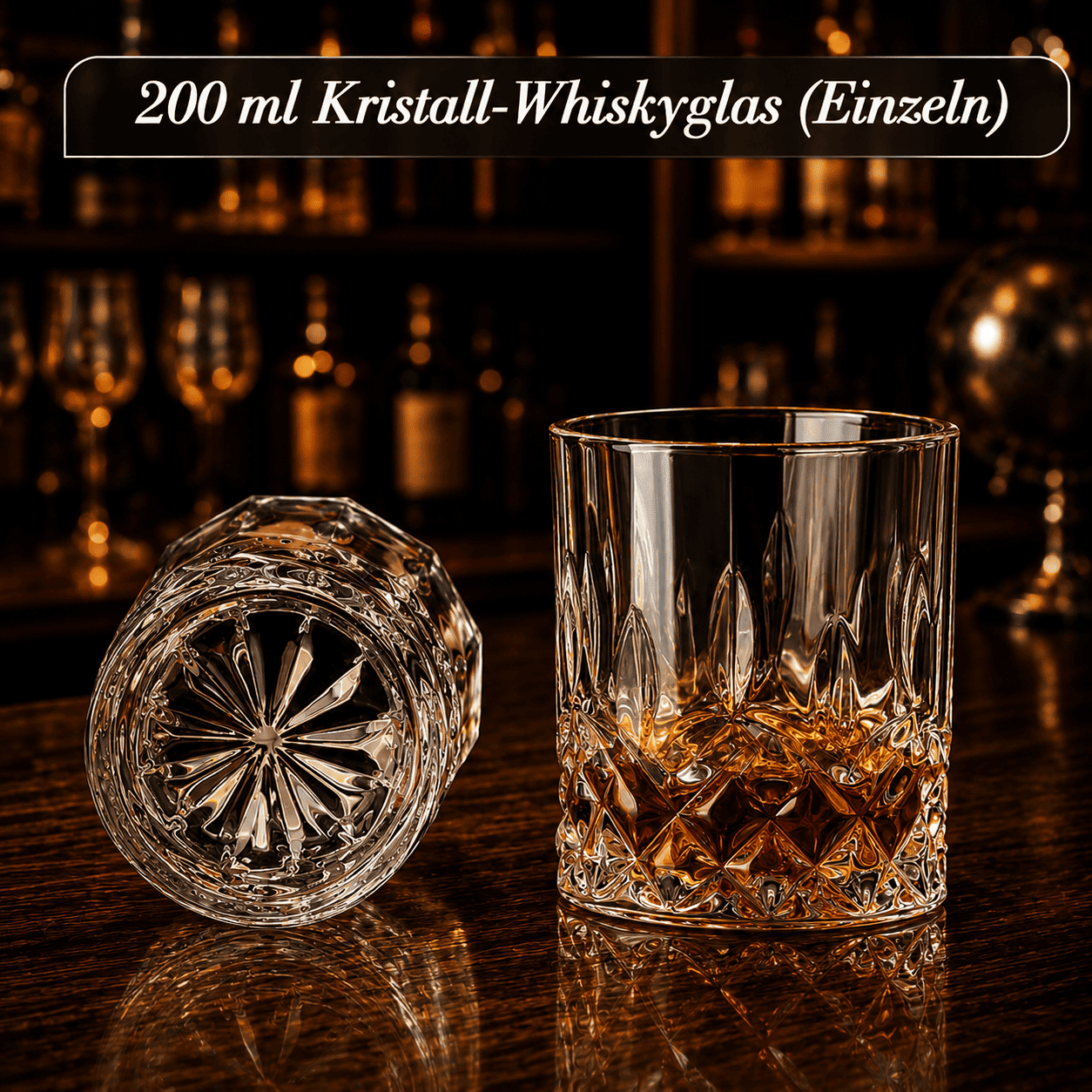 Ein elegantes 200ml Kristall-Whiskyglas neben einem umgedrehten Glas zur Präsentation des edlen Bodenschliffs