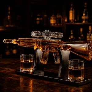 Luxuriöses M16 Gewehr Whisky Dekanter Komplettset auf schwarzem Holzständer mit zwei Patronen-Gläsern