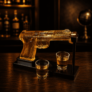 Elegante M1911 Pistolen Whisky Karaffe gefüllt mit goldenem Bourbon auf einem stabilen schwarzen Präsentationsständer
