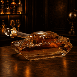 Exklusiver Whisky-Dekanter in Panzer-Form befüllt mit Bourbon auf Holztisch vor einer eleganten Bar-Kulisse