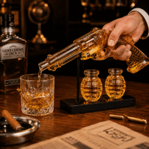 Eine Hand hält den gläsernen Revolver Dekanter und gießt edlen Scotch in ein Kristallglas in Bar-Atmosphäre