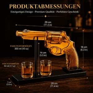 Technische Produktabmessungen und Maße des 300ml Revolver Pistolen Whisky Dekanters und der 50ml Gläser