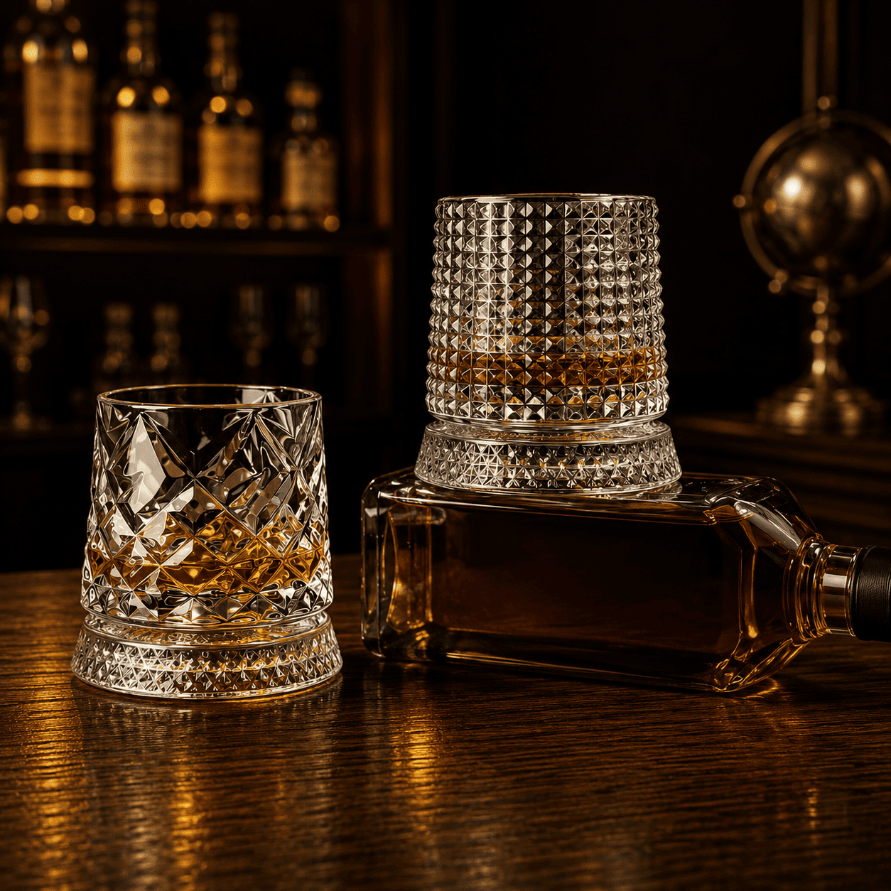 Zwei verschiedene rotierende Whiskygläser aus Kristallglas neben einer liegenden Whiskyflasche auf einer dunklen Holztheke