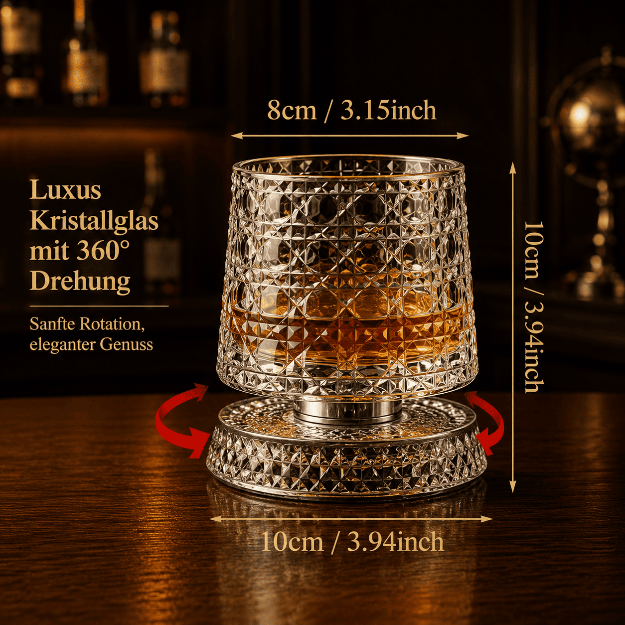 Produktabmessungen des rotierenden Luxus-Kristallglases mit Angaben zu Höhe und Breite von Glas und Drehbasis