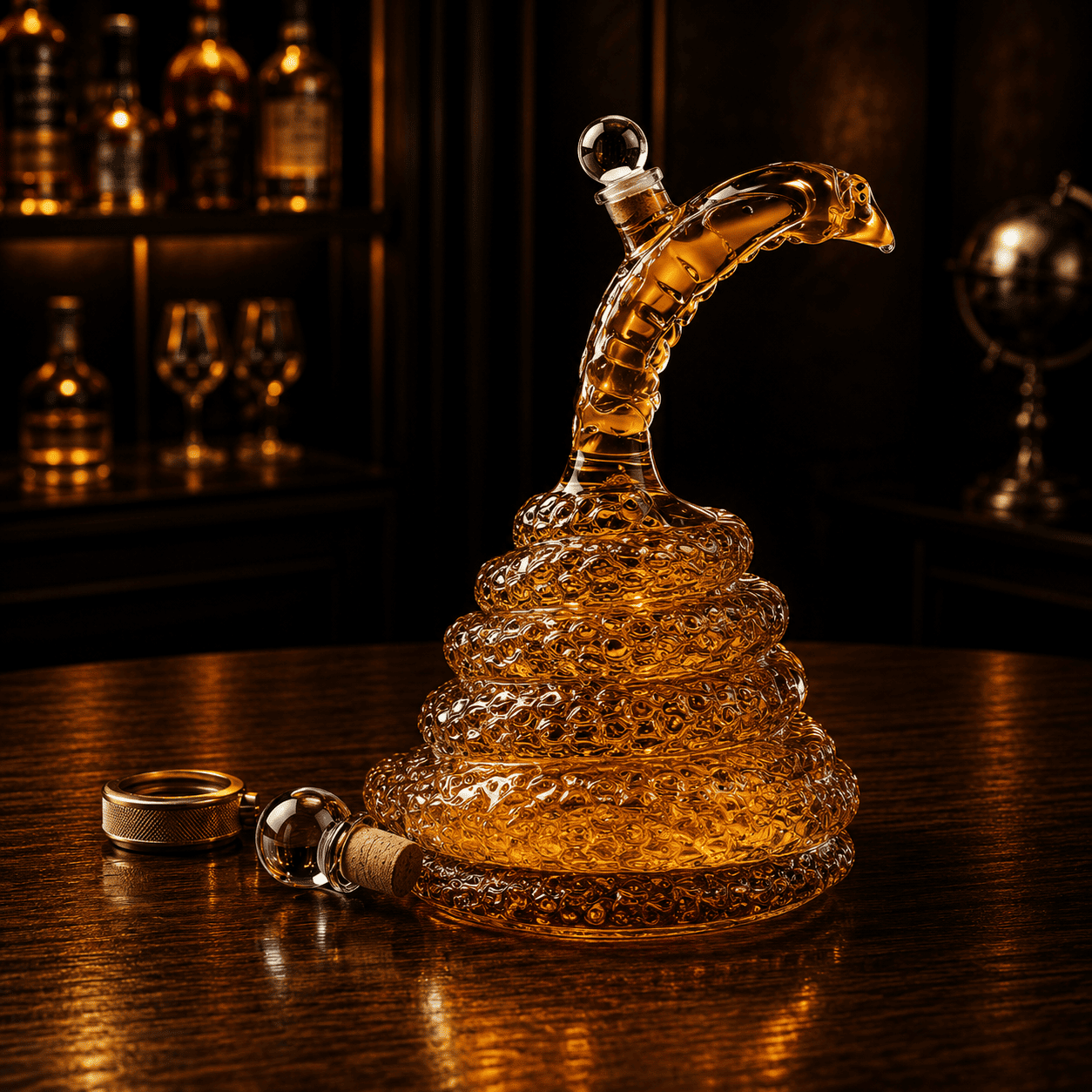 Detailansicht des Kobra-Whisky-Dekanters mit abgenommenem Glaskorken auf einer dunklen Holzoberfläche
