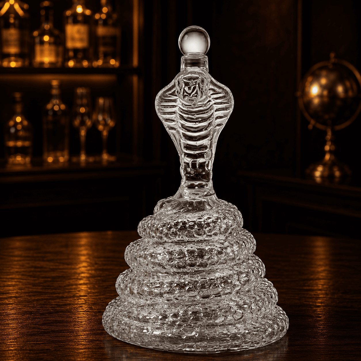 Leerer Kobra-Whisky-Dekanter aus klarem Kristallglas mit detailreichen Schuppenstrukturen in Frontansicht