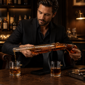 Ein Mann im eleganten Anzug hält die Schrotflinte Glaskaraffe und gießt Whisky in ein Patronen-Glas ein