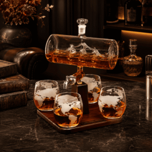 Das mit Premium-Whisky gefüllte Segelschiff Dekanter Set mit Zapfhahn platziert neben antiken Büchern auf Marmortisch