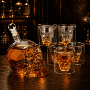 Exklusives Totenkopf Whisky Dekanter Set aus Glas mit sechs doppelwandigen Schädel Schnapsgläsern in einer Bar