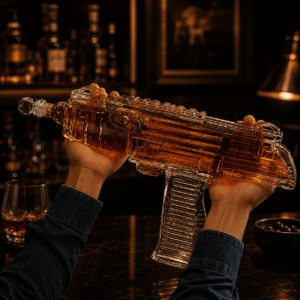 Zwei Haende halten die massive Uzi Maschinenpistole Glaskaraffe mit bernsteinfarbenem Whisky beim Einschenken