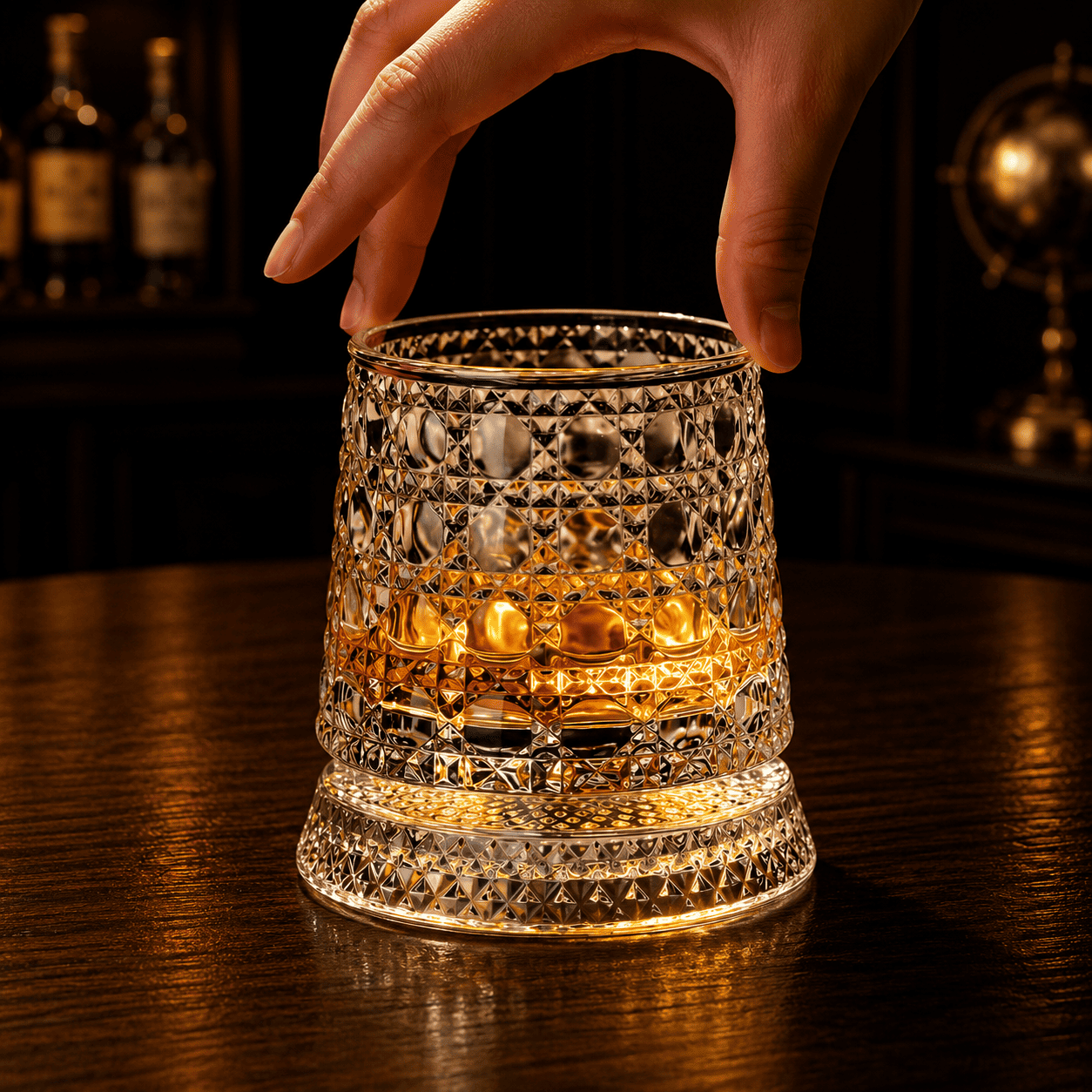 Eine Hand berührt den Rand des gefüllten Kristall-Whiskyglases auf dem Tisch, um die sanfte Rotation auf der Basis zu starten