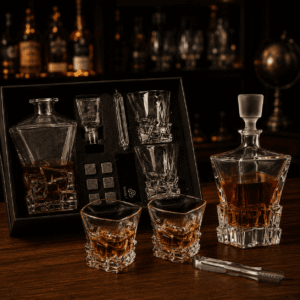 Exklusives Whisky-Set bestehend aus zwei eleganten Kristall-Dekantern, passenden Whiskygläsern und Whiskysteinen präsentiert in einer edlen schwarzen Geschenkbox