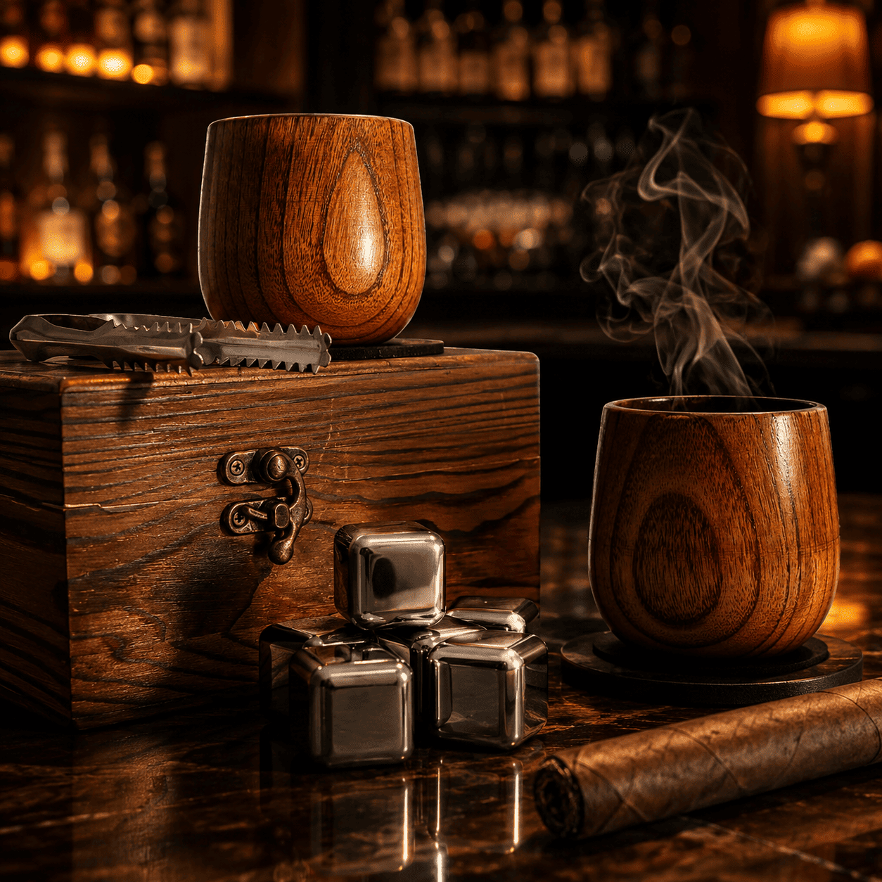 Exklusives Whisky-Herrenset mit zwei Bechern aus Eichenholz, einer rustikalen Holzbox, Edelstahl-Kühlsteinen und einer edlen Zigarre auf dem Bartisch