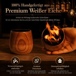 Handgefertigter Whiskybecher aus Premium Weißer Eiche mit einer Demonstration der traditionellen Ausbrennung der Innenseite für intensives Aroma