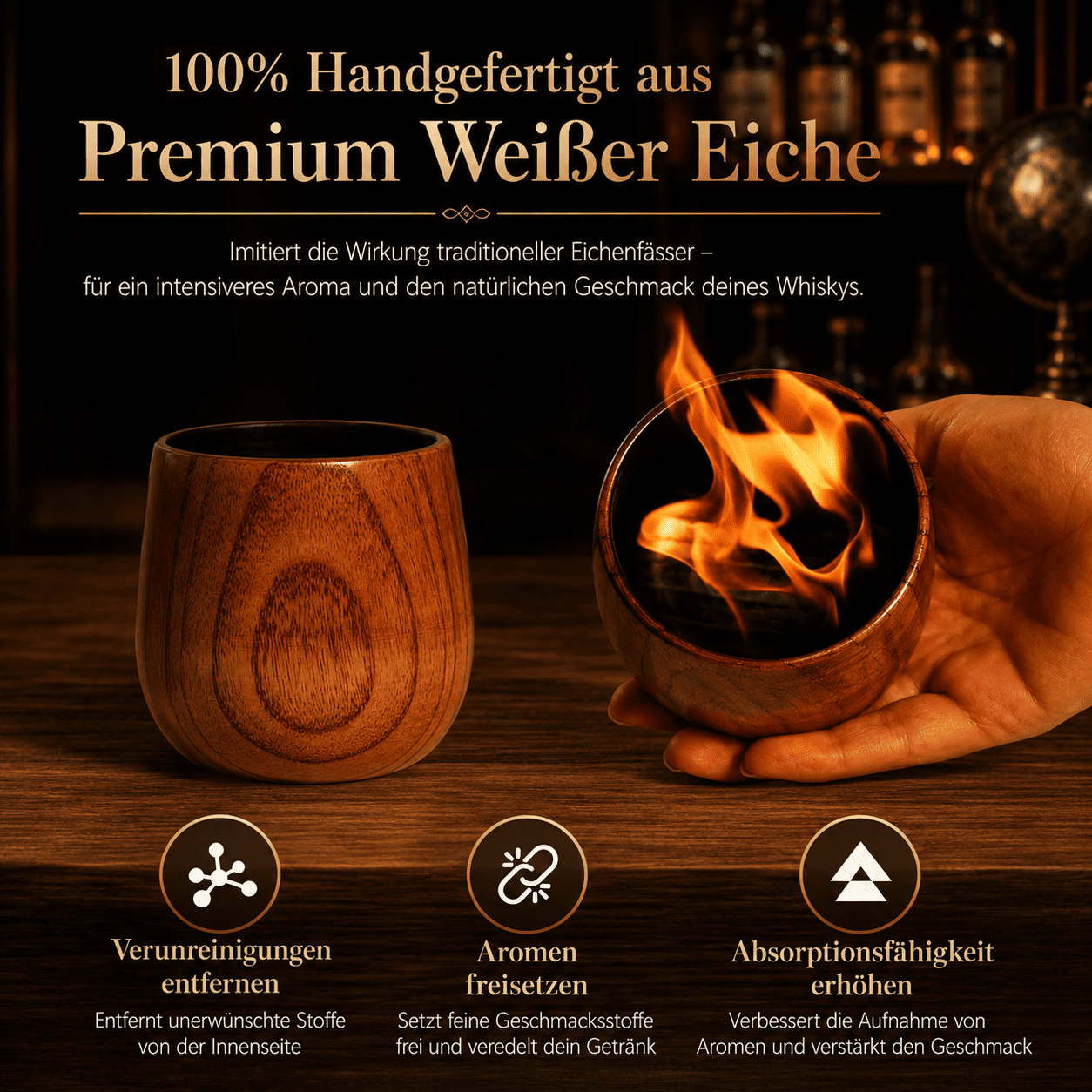 Handgefertigter Whiskybecher aus Premium Weißer Eiche mit einer Demonstration der traditionellen Ausbrennung der Innenseite für intensives Aroma
