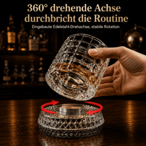 Demonstration der stabilen 360 Grad Rotation des Kristall-Whiskybechers durch die eingebaute Edelstahl-Drehachse