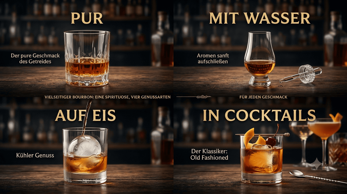 Eine anschauliche Collage in edler, dunkler Bar-Atmosphäre, die vier Möglichkeiten zeigt, Bourbon zu genießen: Pur im Tumbler, mit einigen Tropfen Wasser im Tasting-Glas, auf Eis mit einer großen Eiskugel und gemixt als klassischer Old Fashioned Cocktail.