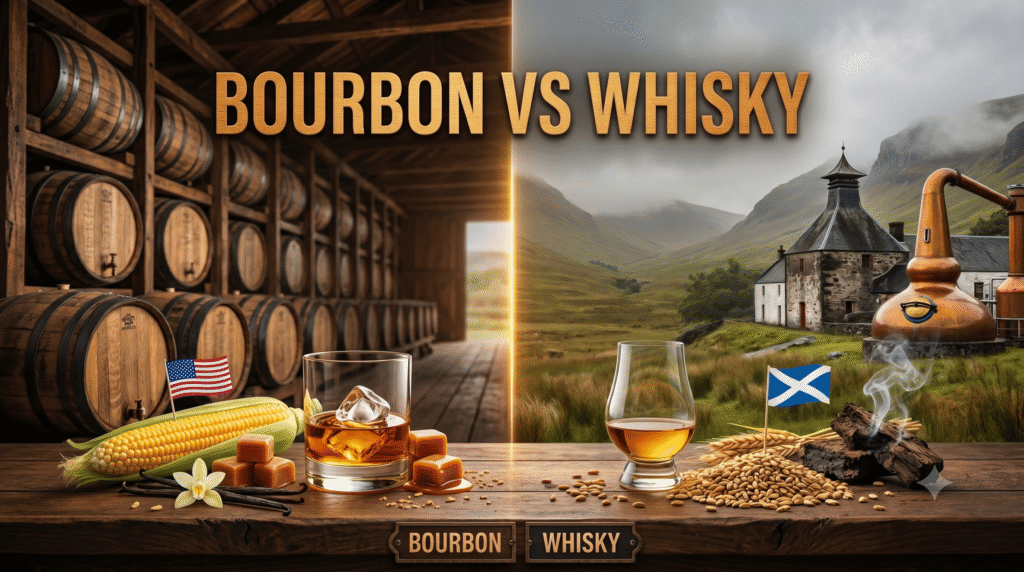 Ein geteiltes Blog-Banner, das Bourbon und Whisky vergleicht. Die linke Seite repräsentiert Bourbon mit einem Whiskey-Glas auf Eis, Maiskolben, Karamell, einer US-Flagge und rustikalen Holzfässern. Die rechte Seite steht für schottischen Whisky mit einem Nosing-Glas, Gerstenkörnern, rauchendem Torf, einer Schottland-Flagge und einer Destillerie in einer schottischen Landschaft. In der Mitte steht der Text "BOURBON VS WHISKY".