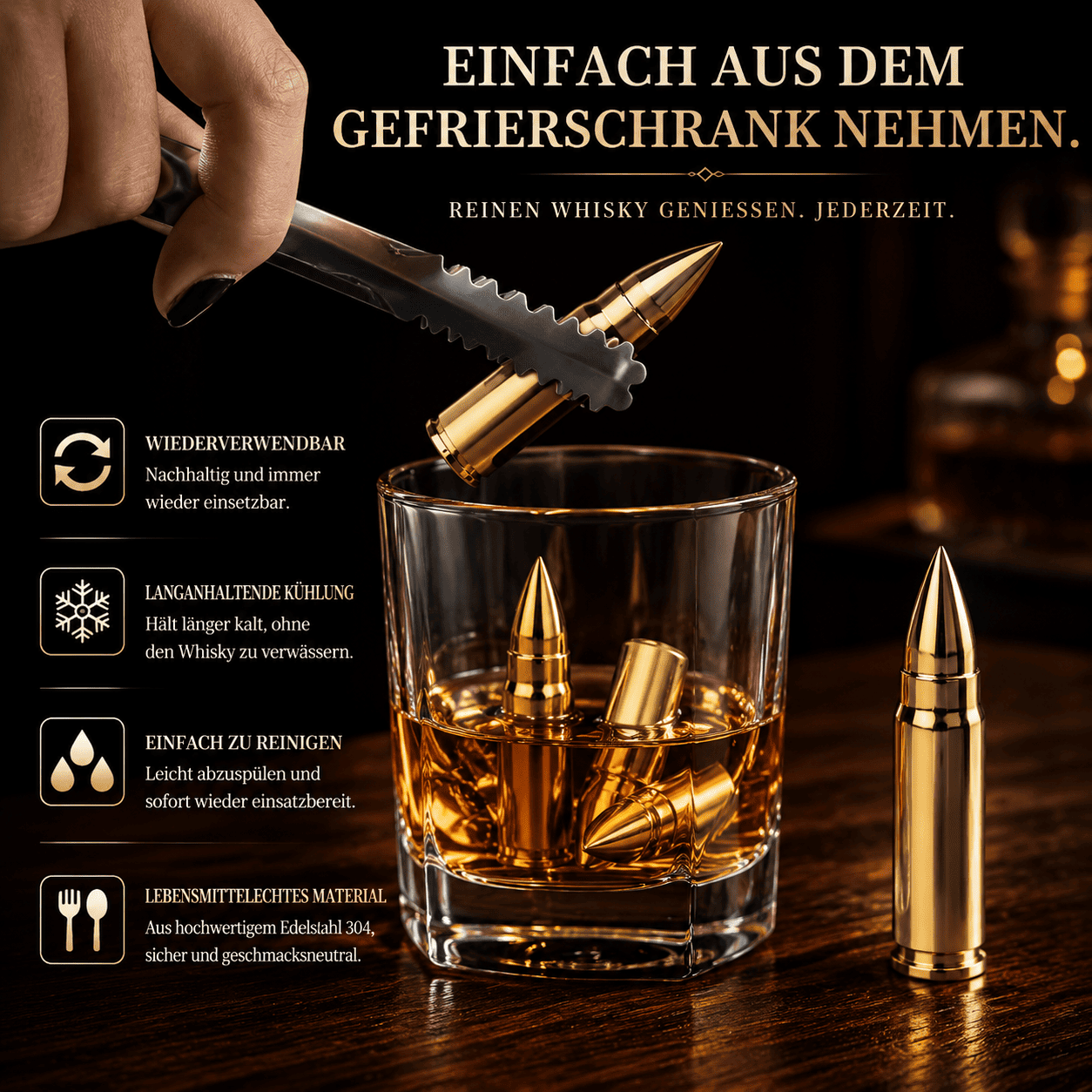 Eisgekühlte Patronen-Whiskysteine werden mit einer Barzange in ein elegantes Whiskyglas für puren Genuss gegeben