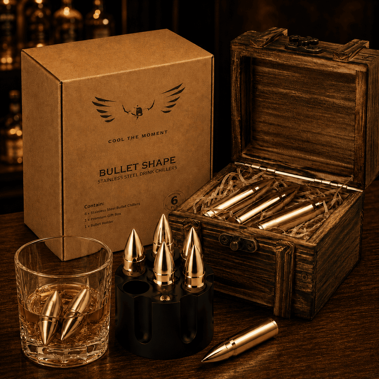 6er Set goldene Whiskysteine in Patronenform aus Edelstahl mit exklusiver Holzbox, Revolver-Halterung und Whiskyglas als Premium-Geschenk