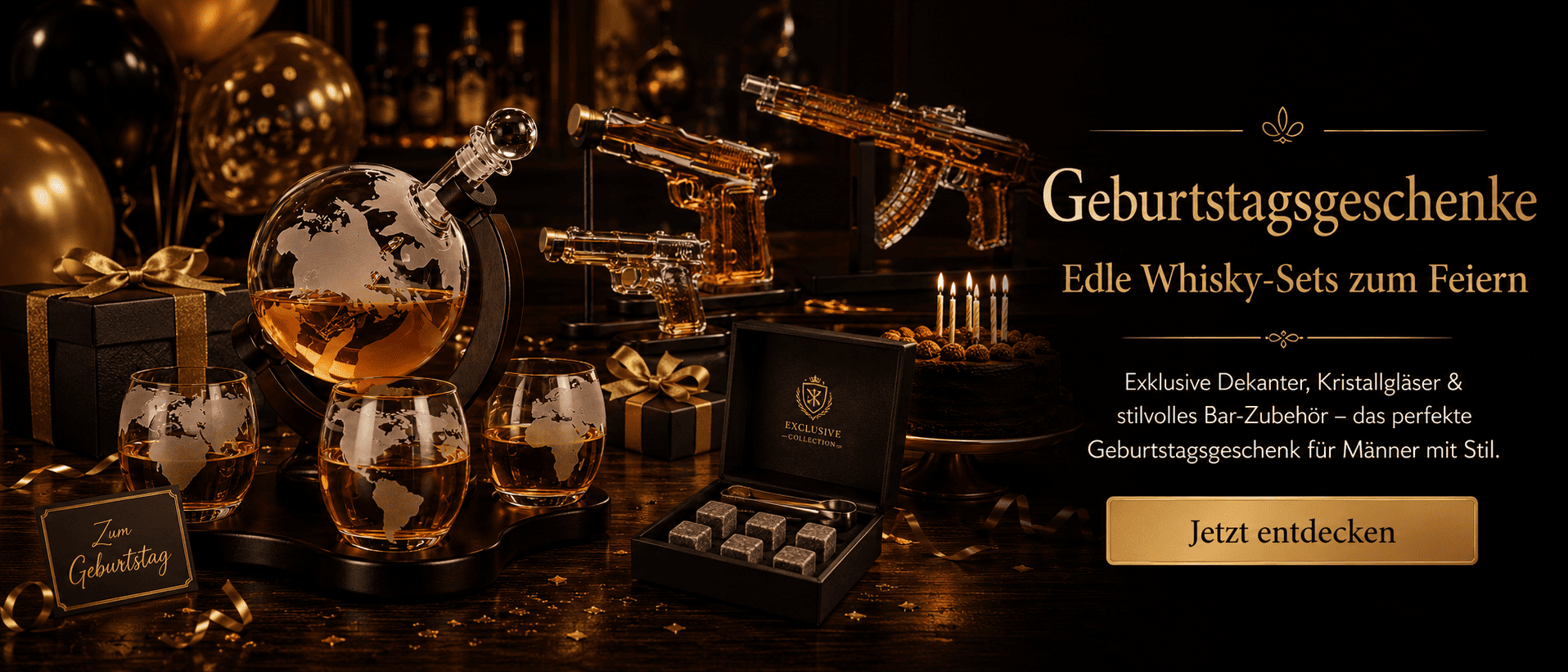 Edle Whisky-Geburtstagsgeschenke mit Globus-Dekanter, Kristallgläsern, Whisky-Steinen, Geschenkboxen, Luftballons und Geburtstagstorte.