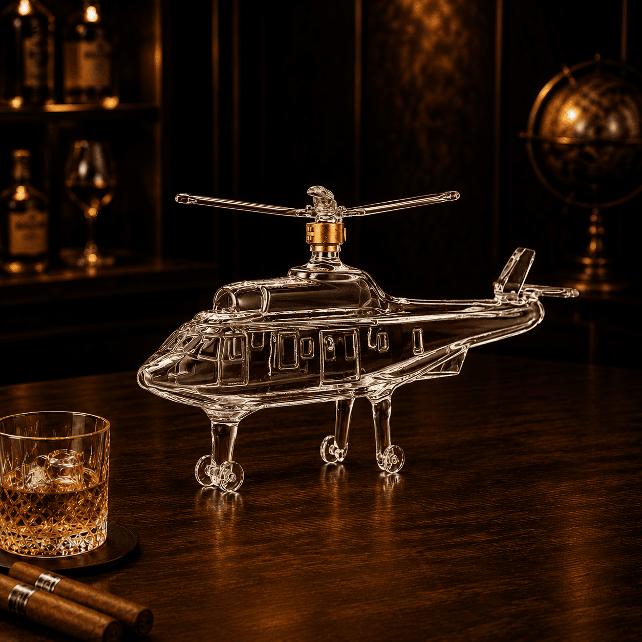 Leerer Helikopter-Whisky-Dekanter aus klarem Glas mit goldenem Verschluss auf einem edlen Bartisch