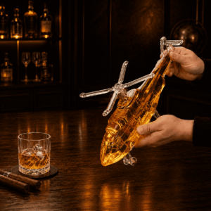 Detailansicht des Helikopter-Whisky-Dekanters aus Glas beim Einschenken gehalten von zwei Händen