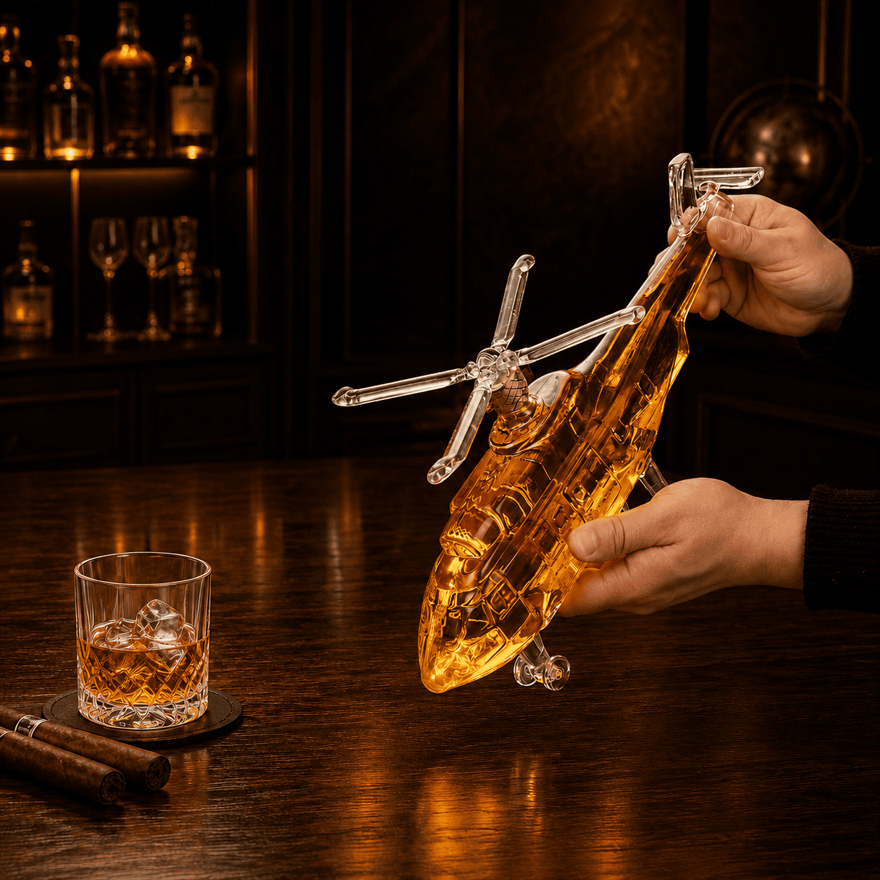 Detailansicht des Helikopter-Whisky-Dekanters aus Glas beim Einschenken gehalten von zwei Händen