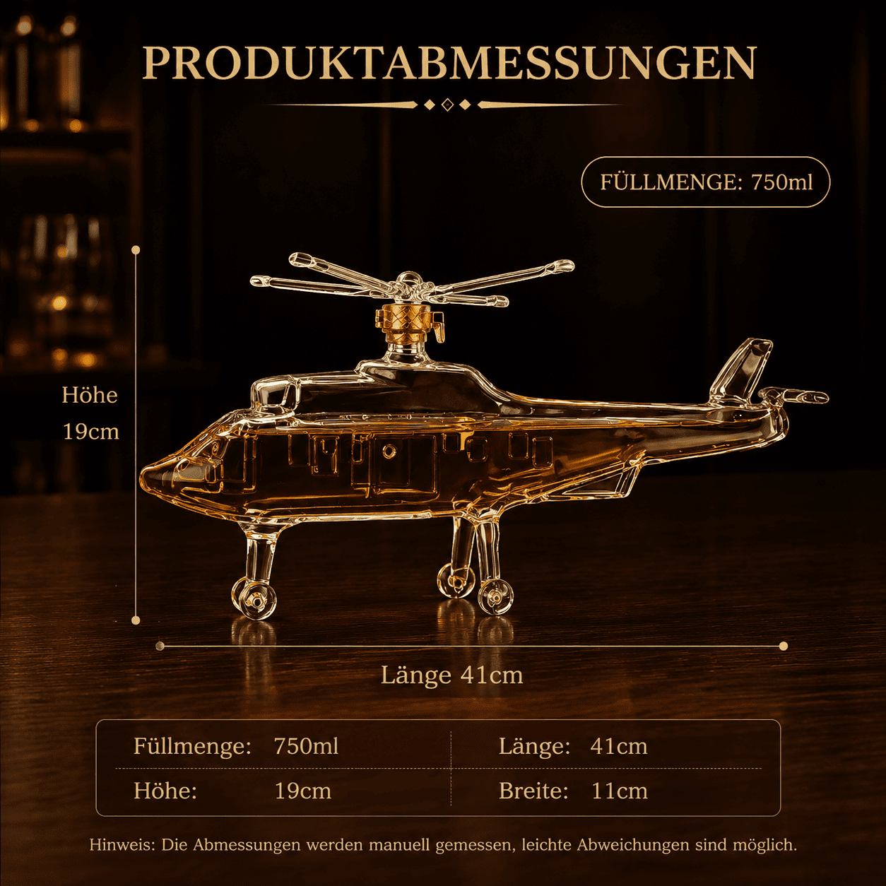Produktabmessungen des Hubschrauber Whisky-Dekanters mit 750ml Füllmenge, 41cm Länge und 19cm Höhe