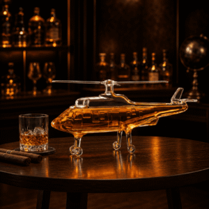Eleganter Whisky-Dekanter in Hubschrauber-Form befüllt auf einem Holztisch neben einem Whiskyglas und Zigarren
