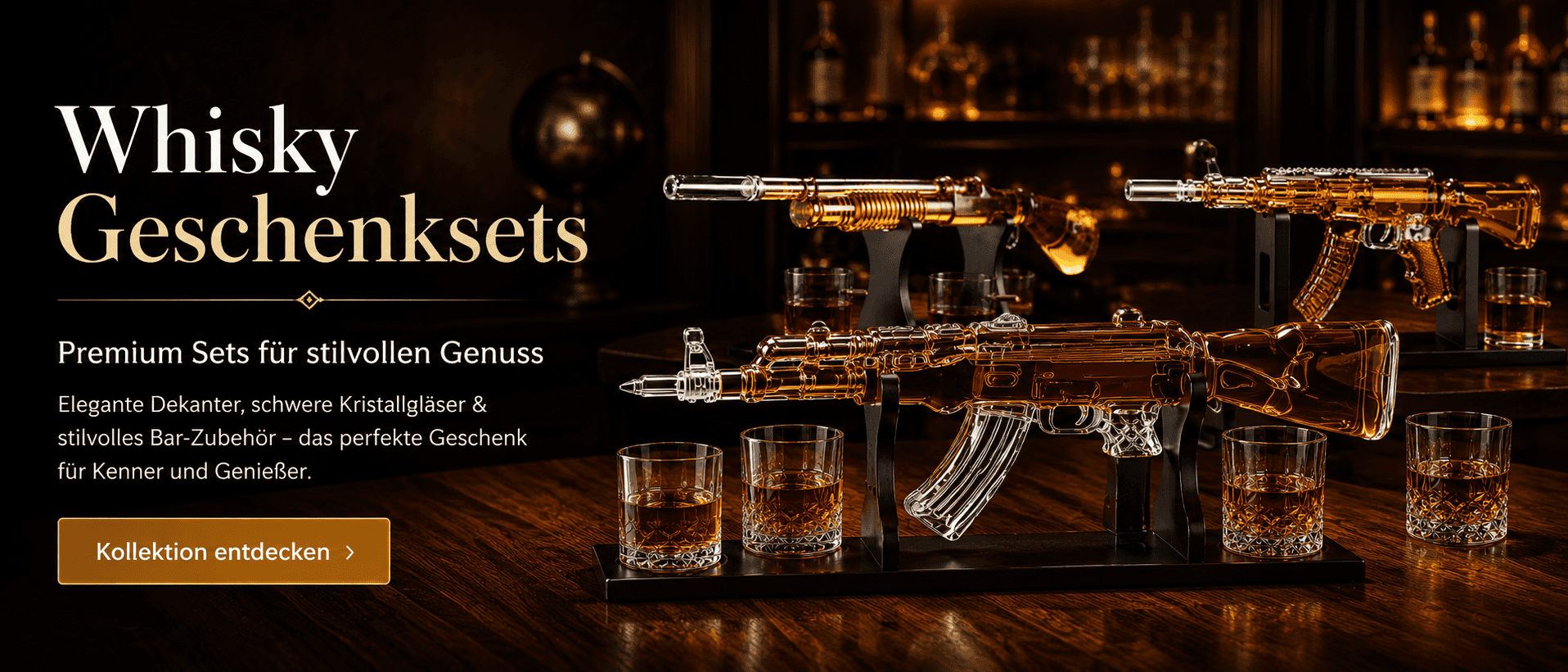 **图片命名:** `luxurioese-whisky-geschenksets-entdecken.png` **ALT 文本:** Luxuriöses Whisky Geschenkset mit Gewehr-Dekanter, Kristallgläsern und warmem Bar-Ambiente für stilvolle Genießer.