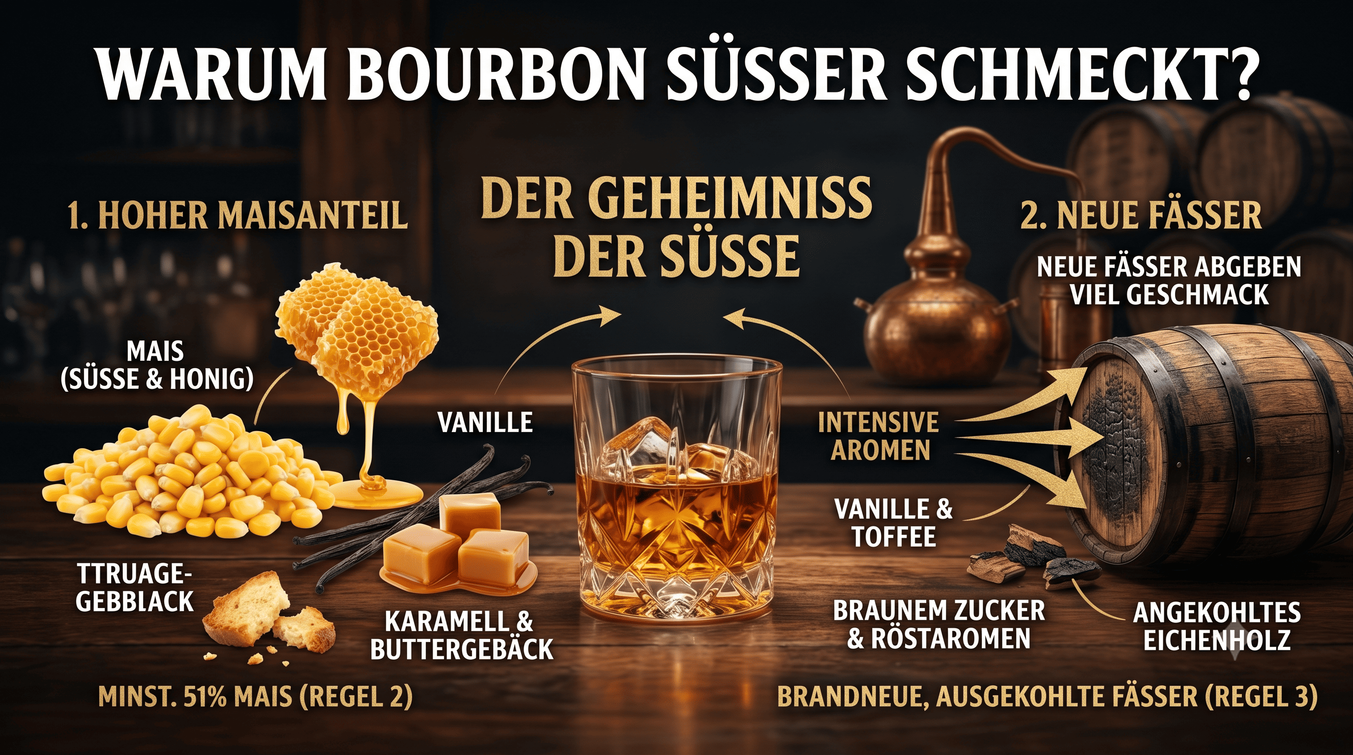Eine anschauliche Infografik in dunkler Bar-Atmosphäre, die die Ursachen für den süßen Geschmack von Bourbon erklärt. Neben einem Whiskeyglas zeigen die linke Seite Mais, Honig, Vanille und Karamell (hoher Maisanteil) und die rechte Seite ein neues, ausgekohltes Eichenfass, das intensive Röstaromen und Toffee-Noten abgibt.