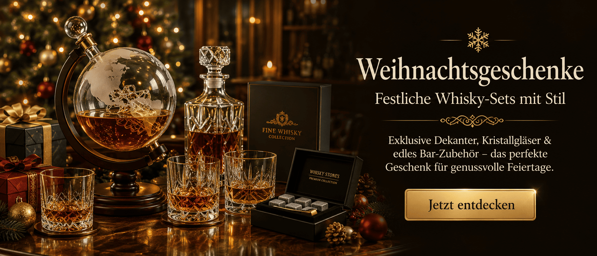 Festliches Whisky-Geschenkset zu Weihnachten mit Globus-Dekanter, Kristallgläsern, Whisky-Steinen, Geschenkboxen und Weihnachtsdekoration.