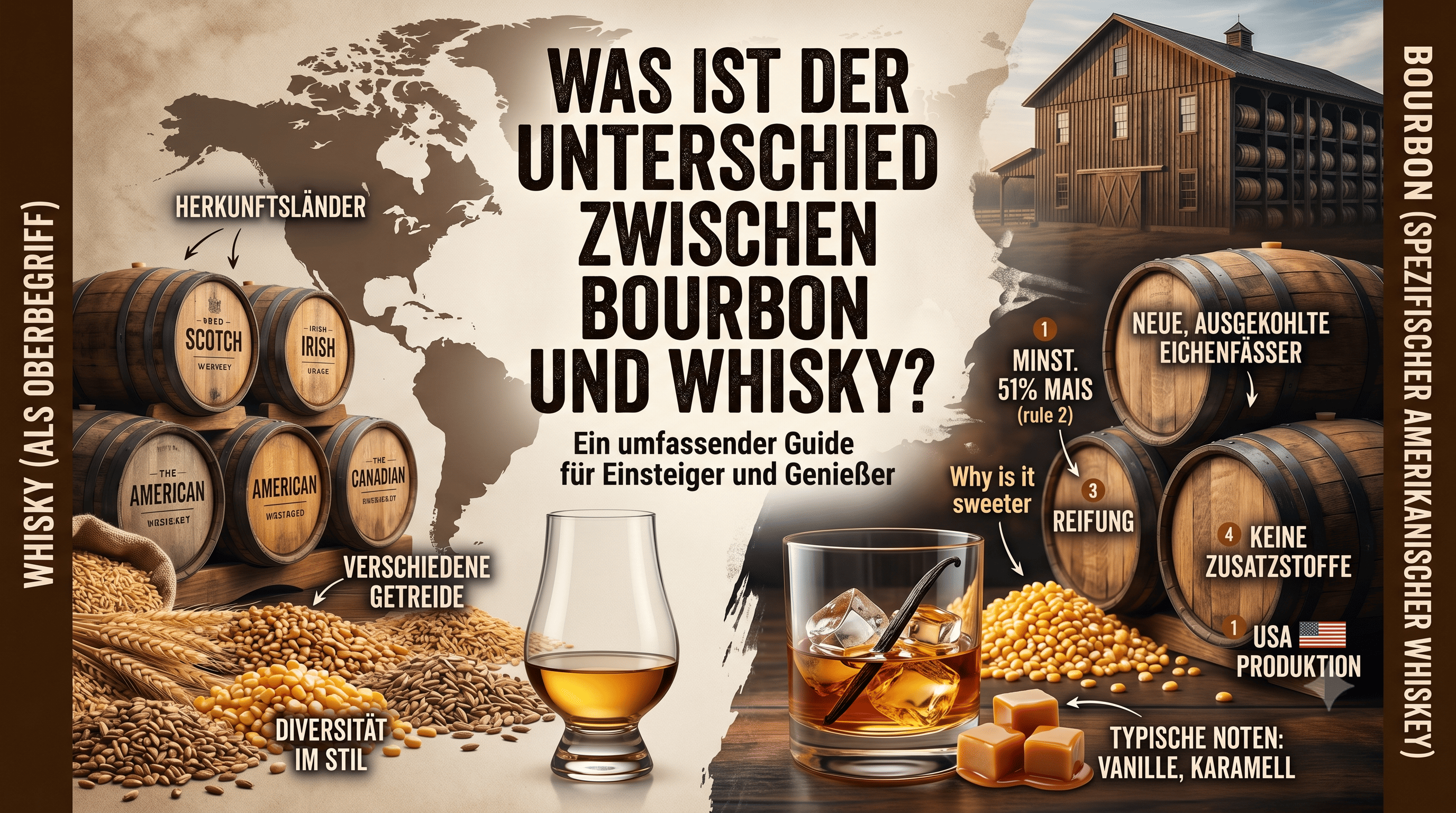 Eine erklärende Illustration über Whisky als weltweiten Oberbegriff. Das Bild zeigt die globale Vielfalt mit einer Weltkarte, verschiedenen Getreidesorten, einem Nosing-Glas und Holzfässern, die unterschiedliche Herkunftsländer und Stile wie Scotch, Irish und American Whiskey repräsentieren.
